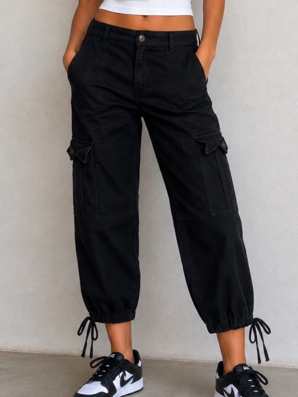 Lolocci Cargo Joggers Womens Size Small Black Canvas Lightweight Pull on